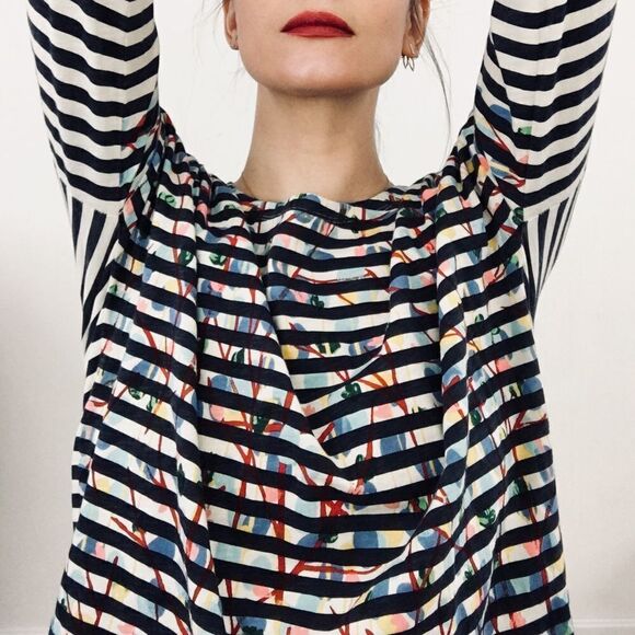 J. Crew Michael De Feo Navy White Striped Top - Picture 2 of 8